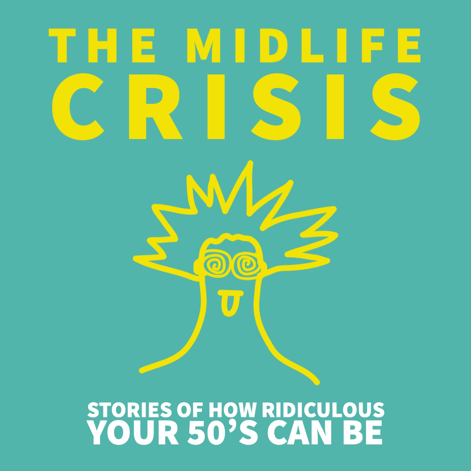 "The Midlife Crisis" podcast cover art with an icon of a person with spiky hair and spinning eyes sticking out their tongue
