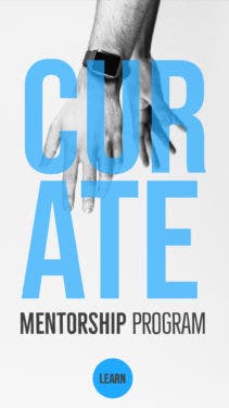 Blue text that says "Curate" over a black and white photographic background.