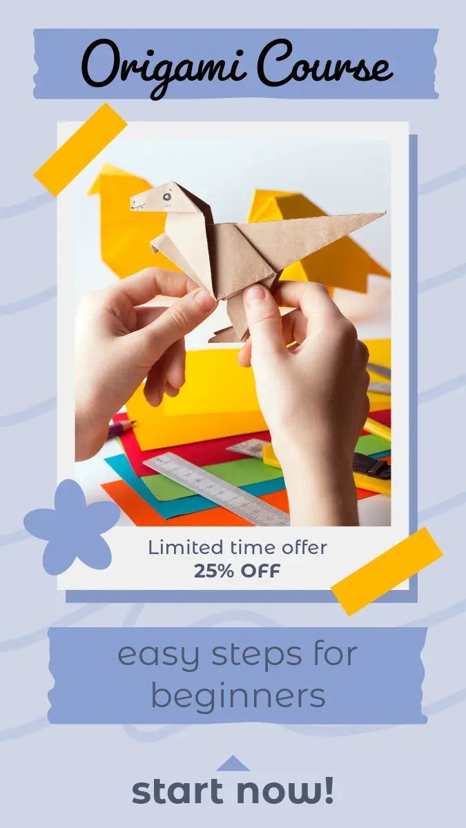 An Instagram story promoting an origami course with a two hands holding an origami and relevant course details