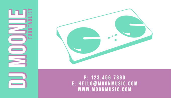 "DJ Moonie – Turntablist" business card with a turntable icon and an area for an Instagram URL