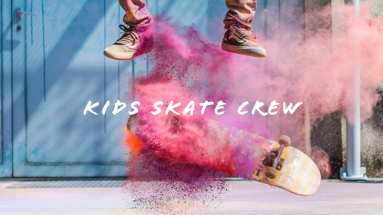 "Kids skate crew" YouTube banner with a person doing a skateboard kick with an explosion of colorful powder