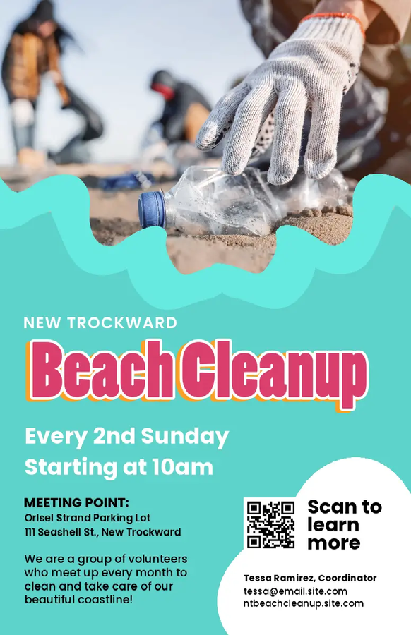 A QR code poster for a beach cleanup, prompting people to scan the QR code to learn more