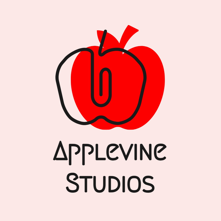 Applevine Studios text and icon logo in the font Megrim with an abstract icon of an apple