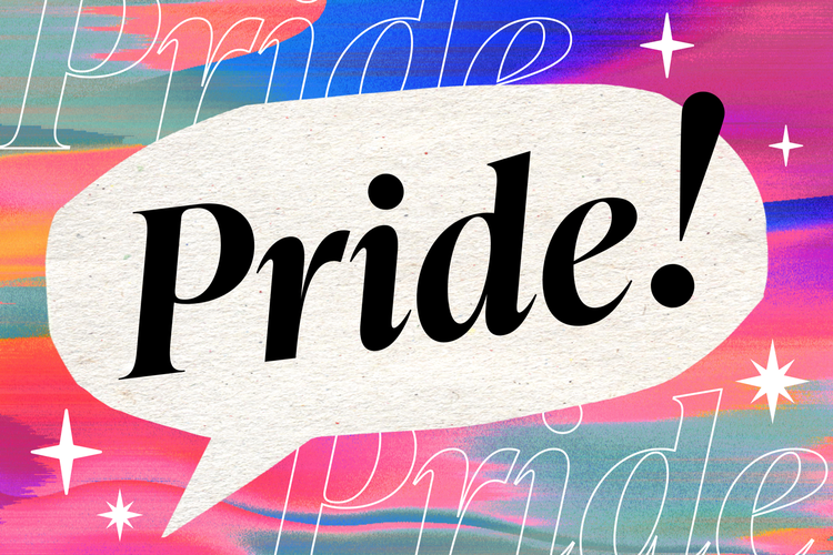 A speech bubble with "Pride!" against a multicolored background with sparkles and outlines or the word Pride