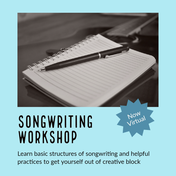 "Songwriting Workshop" paid course Instagram post with event details and an image of a plant notebook with a pen