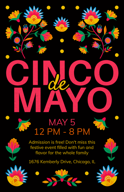 Cinco de mayo templae in black with illustrations of flowers