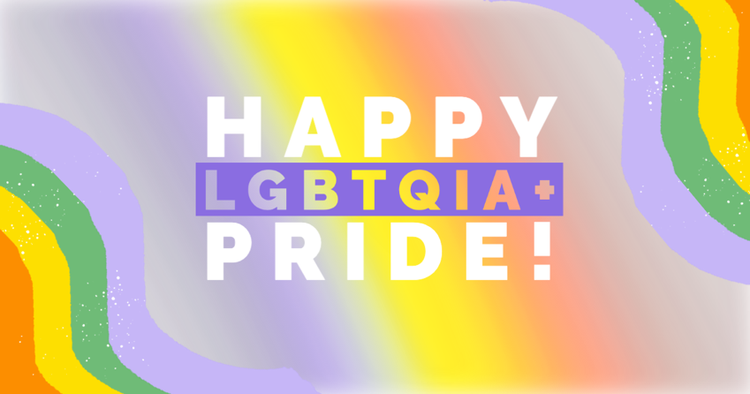 "Happy LGBTQIA+ Pride!" against a blurry rainbow background with rainbows in the corners