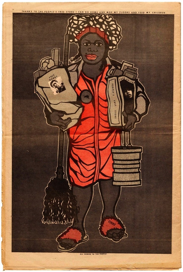 An illustrated newsprint image of a Black Woman holding full grocery bags in both arms, a broom and bucket. She is wearing orange dress, shoes, and headband and the bags read "People's free store" and feature images encouraging for the freedom of incarcerated Black Panthers.