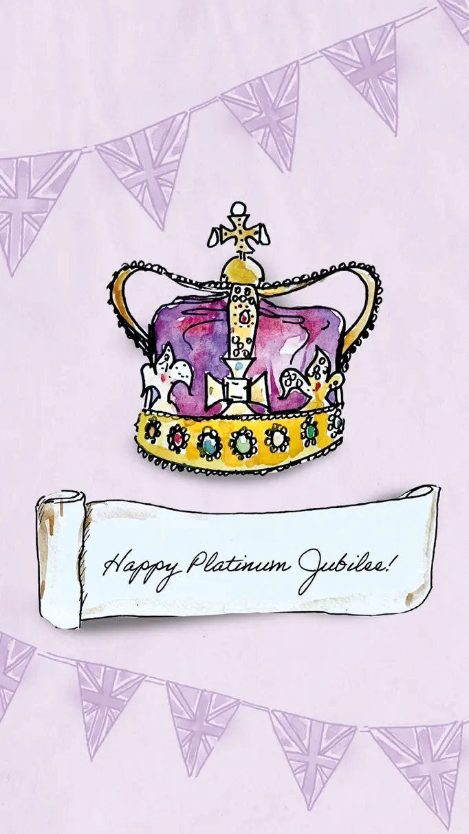 Lilac Gold & White Watercolour Crown and Bunting Illustration Platinum Jubilee Instagram Story