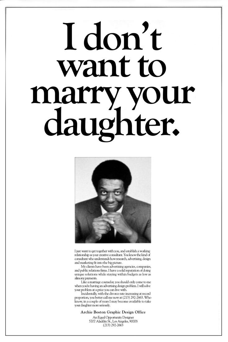 Top half of the promotional image features large centered text reading "I don't want to marry your daughter." The bottom half features a Black man smiling with no teeth showing and text underneath that notes his design skill.
