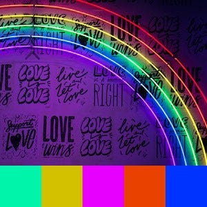 A color palette created from an image of a light up neon rainbow against a purple background