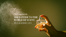 A hand sprays perfume from a clear bottle, creating a mist against a green background. A premium serif font reads “Your Guide to the World of Scent.”
