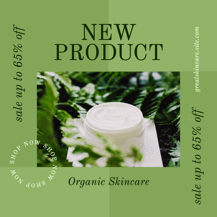 "New Product – Organic Skincare" Instagram post with a jar of white cream with plants in the background