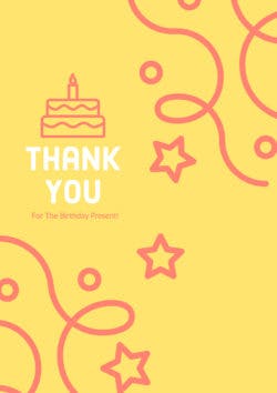 Thank you card featuring pink swirls and stars over a yellow background