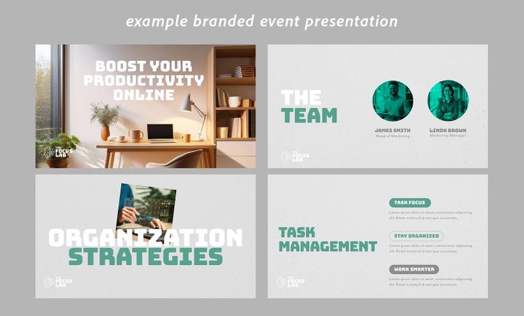 Example of a branded event presentation featuring four slides
