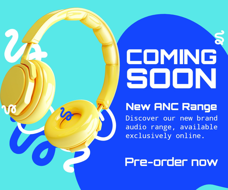 A square banner ad for new headphones that are coming soon