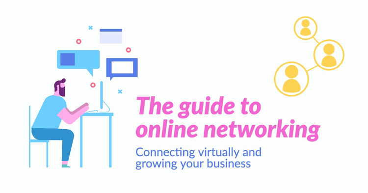 A LinkedIn banner for an article "The guide to online networking" with a graphic of a person sitting at a computer