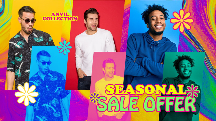 A Facebook Business Page cover photo promoting a seasonal sale offer for a clothing collection with colorful photos of models posing