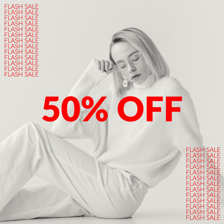 "50% off flash sale" Instagram post with a person modeling clothing in black and white