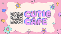 An Adobe Express business card template featuring a pink background with purple text that says Cutie Cafe next to a QR code.