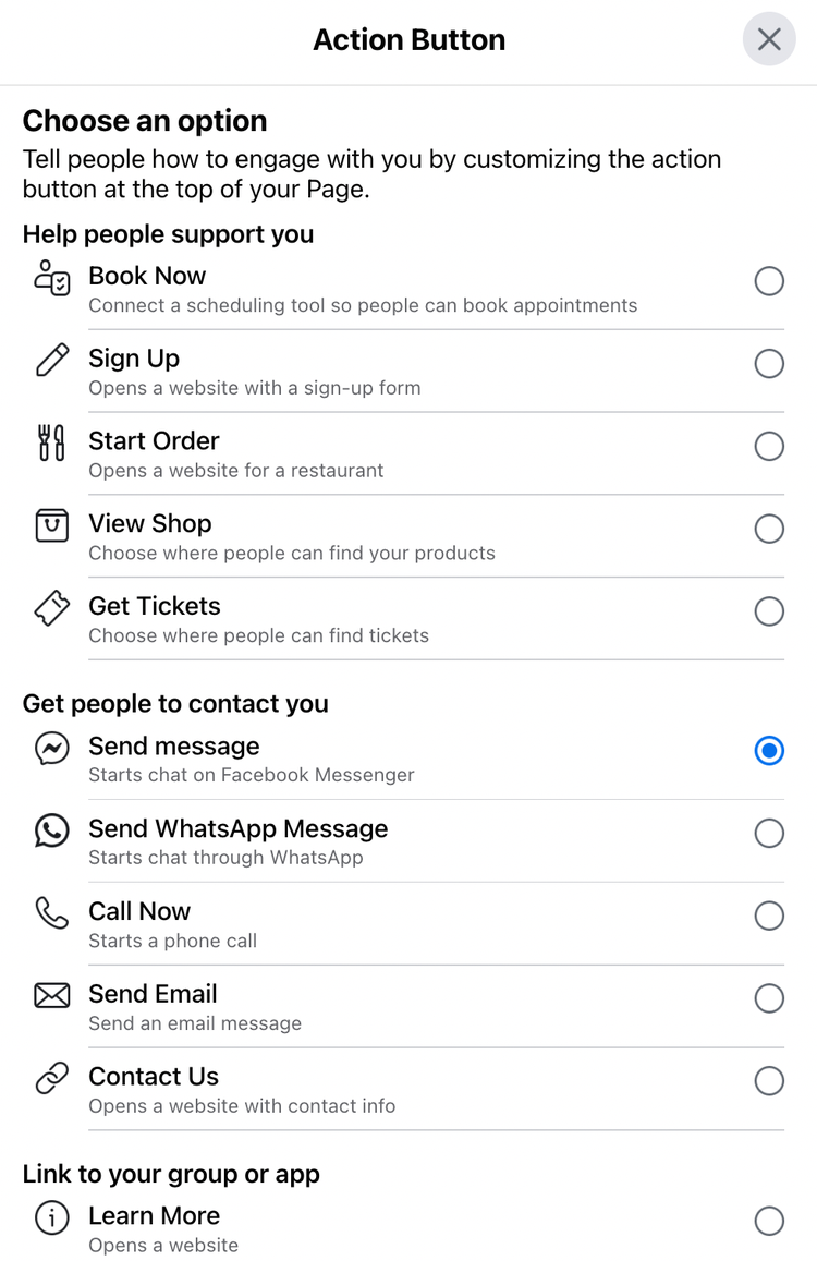 A screenshot demonstrating how to change the Action (CTA) Button on a Facebook Business Page