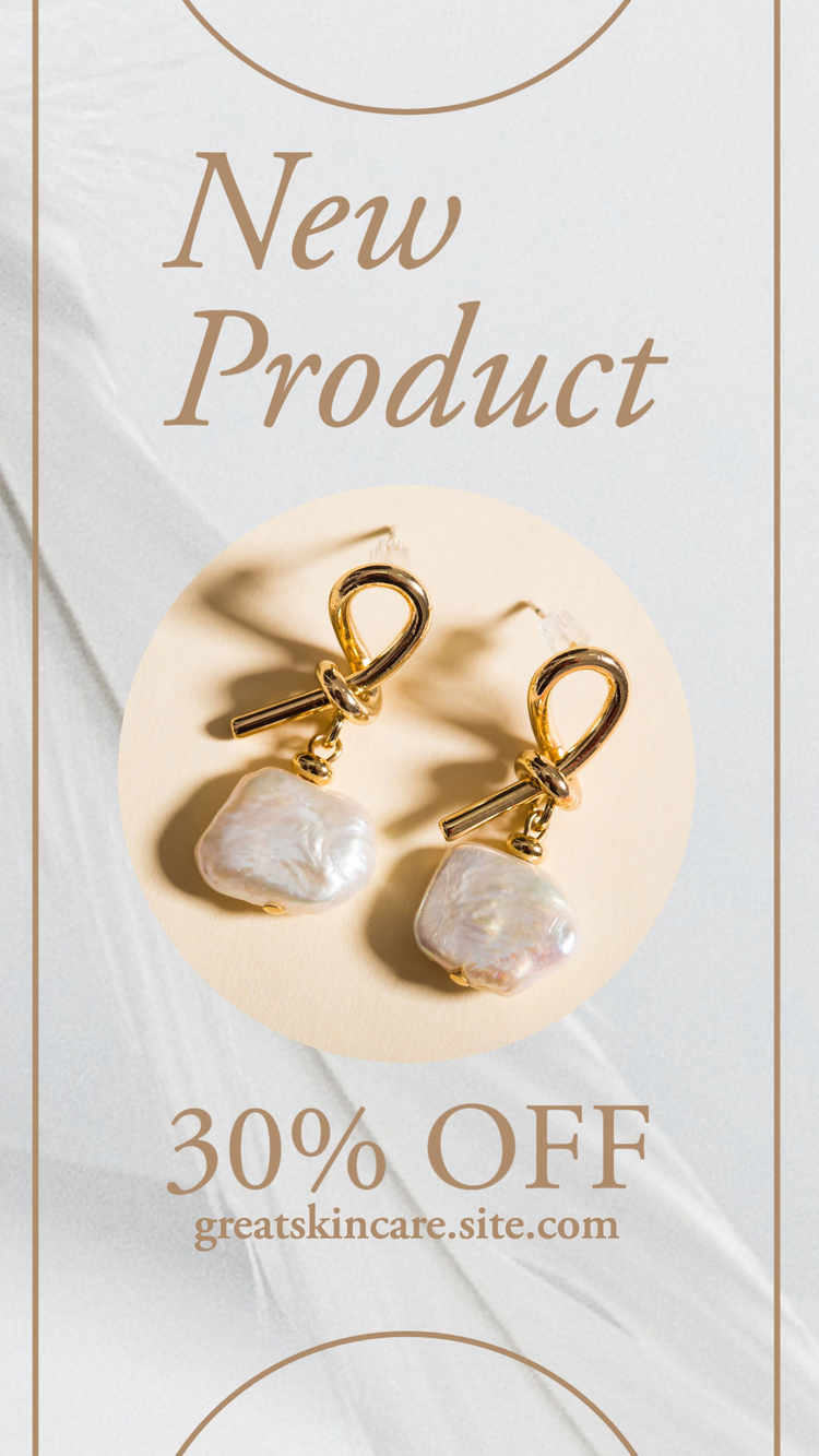"New Product 30% off" sponsored Instagram post with two dangly earrings against a white background