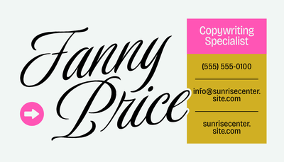 Adobe Express business card template for copywriting specialist in white, pink, and yellow