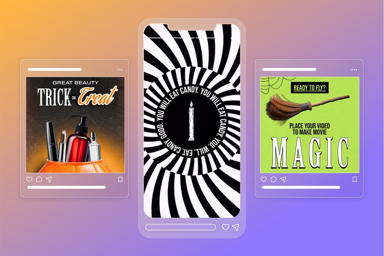 5 social media trends to try in time for Halloween header image featuring Adobe Express templates over an orange to purple gradient background