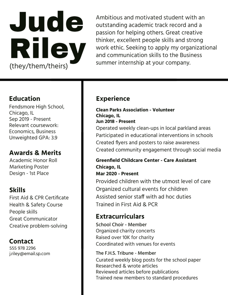 A black and white resume for a student with a sans serif font