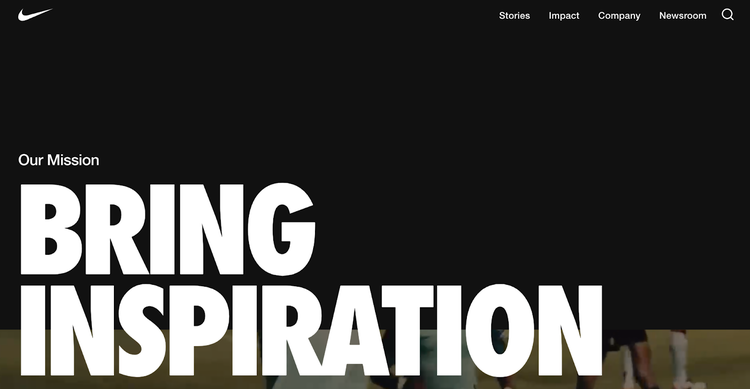 A screenshot of Nike's mission webpage with big block text that says "Bring Inspiration"