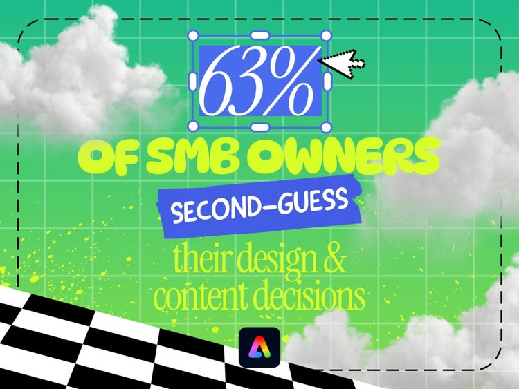 Statistic that 63% of SMB owners second-guess their design and content decisions on a green background with puffy white clouds