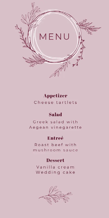 A light and dark purple floral wedding menu