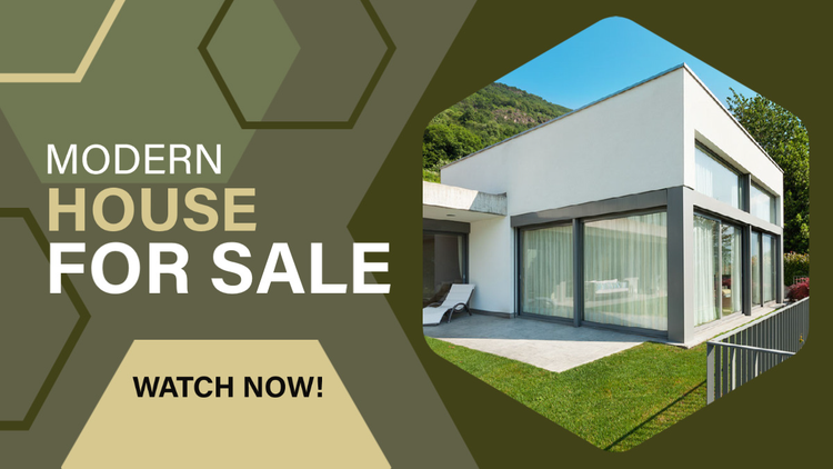 A YouTube social media marketing thumbnail promoting a modern house for sale and encouraging people to watch now
