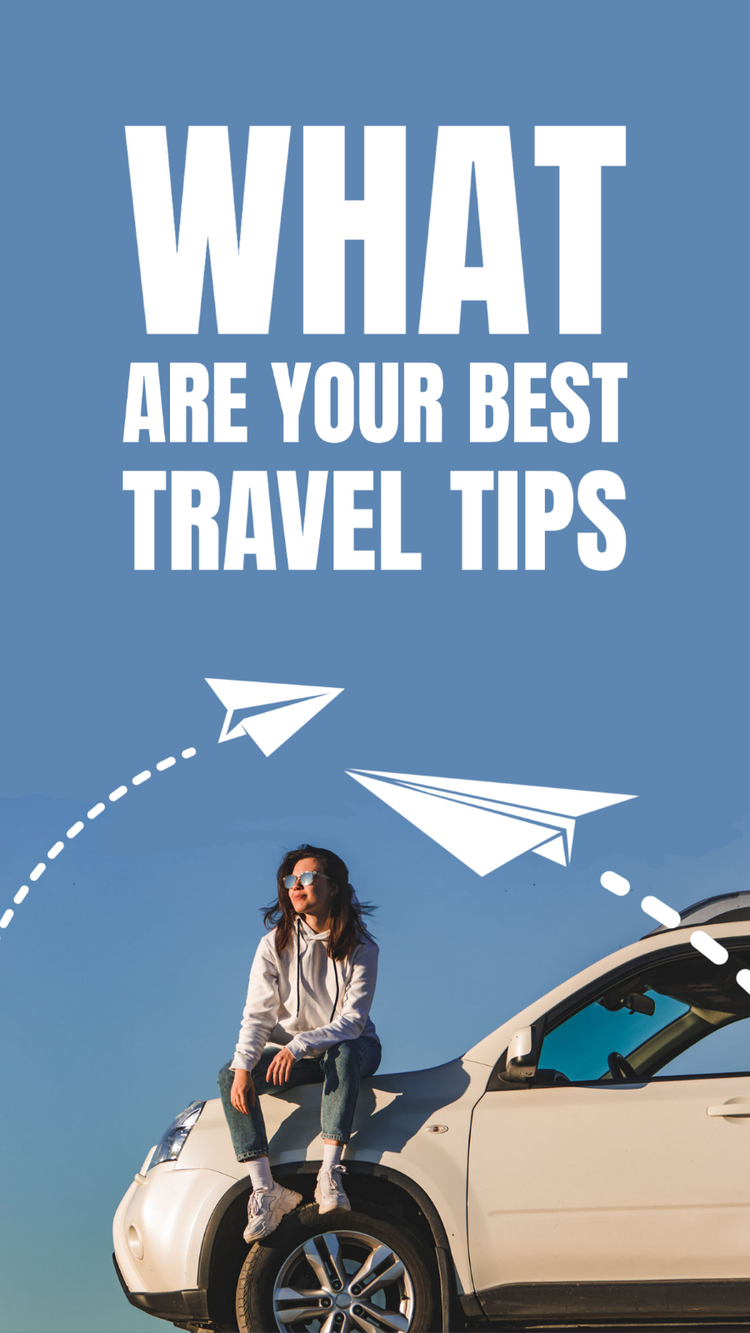 A social media influencer's story asking "what are your best travel tips" with an image of a person sitting on the hood of a white car