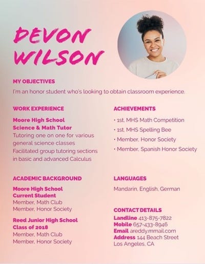 Pink Gradient Devon Student Teaching Resume