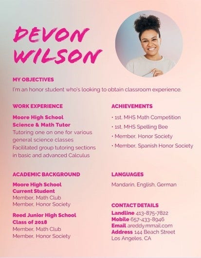 Pink Gradient Devon Student Teaching Resume