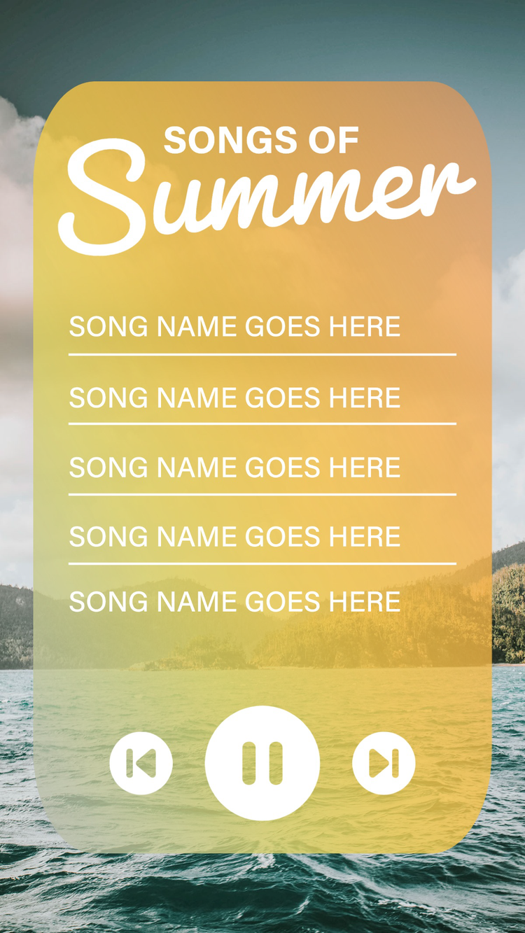 An Instagram Story highlighting an individual's songs of the summer with spaces to fill in the name of the songs against an image of a lake