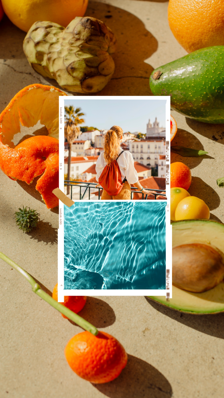 Instagram reel cover with 2 pictures – a person overlooking a city from a balcony and blue reflective water – layered over a picture of fruit