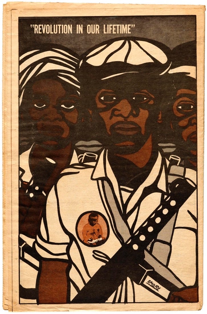 An illustrated newsprint cover featuring three Black men waist-up in white militant dress holding guns with the text "Revolution in our lifetime" above their heads. The most central has a button on his shirt with a Black baby holding a doll.