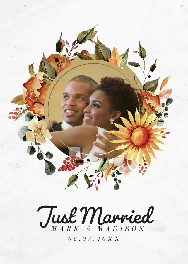 A wedding announcement with an image of a couple kissing and the words "Just Married" written in cursive against a floral and white background
