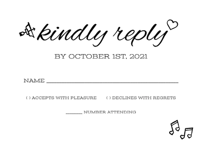 A black and white wedding RSVP card with a heart, bow and arrow, and music note icons