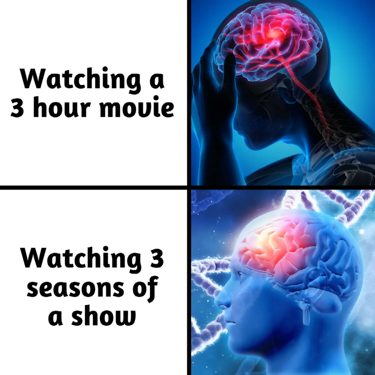 A meme with the text "Watching a 3 hour movie" next to a person with their head in their hands and the text "Watching 3 seasons of a show" next to an image of a person with a highlighted brain
