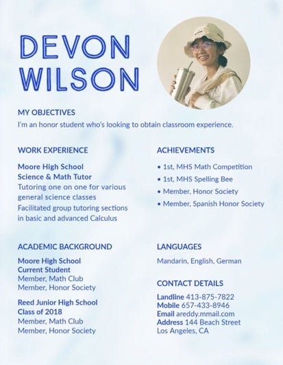 Blue Devon Student Teaching Resume