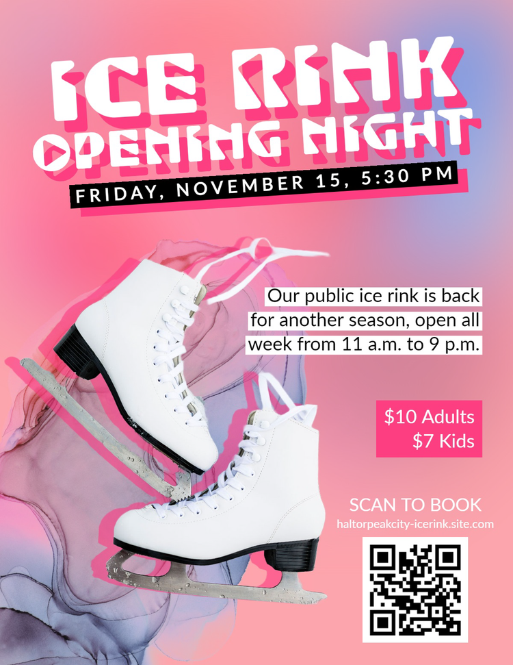 An event flyer for an ice rink opening night with a funky header font and clean body text