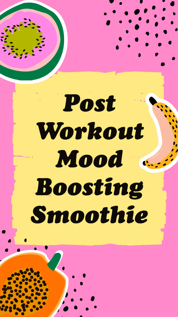 "Post Workout Mood Boosting Smoothie" TikTok thumbnail with graphics of fruit against a pink background