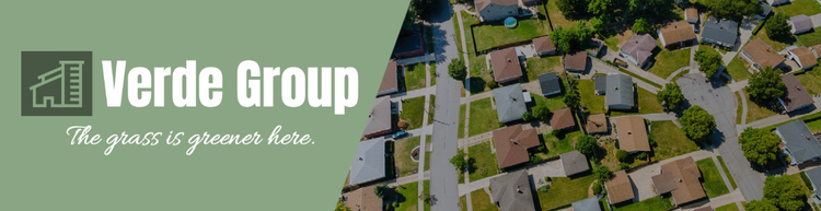 A LinkedIn background photo for the Verde Group with an aerial image of a suburban neighborhood and the slogan "the grass is greener here"