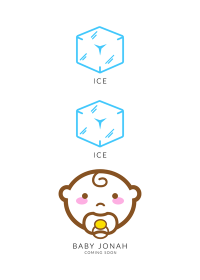"Ice ice baby Jonah coming soon" pregnancy announcement with graphics of two ice cubes and a baby with a pacifier
