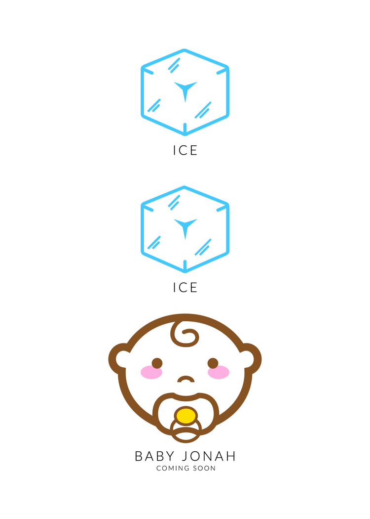 "Ice ice baby Jonah coming soon" pregnancy announcement with graphics of two ice cubes and a baby with a pacifier