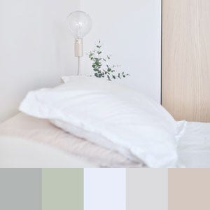 A color palette created from an image of a white bed sheets with a green plant and a wooden door