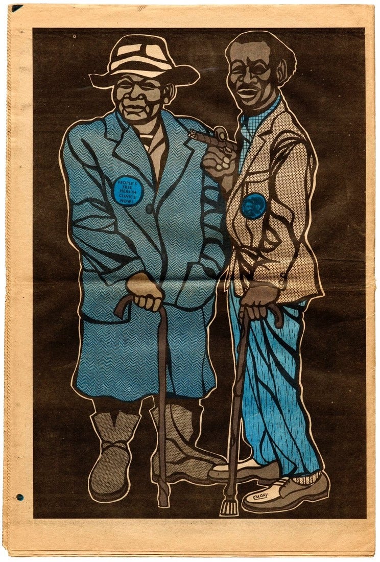 Illustrated newsprint image of two Black men with canes smiling wearing complementary shades of blue and grey. One holds a cigar and each have buttons on their outerwear, one of which reads "People's Free Health Clinics Now!"